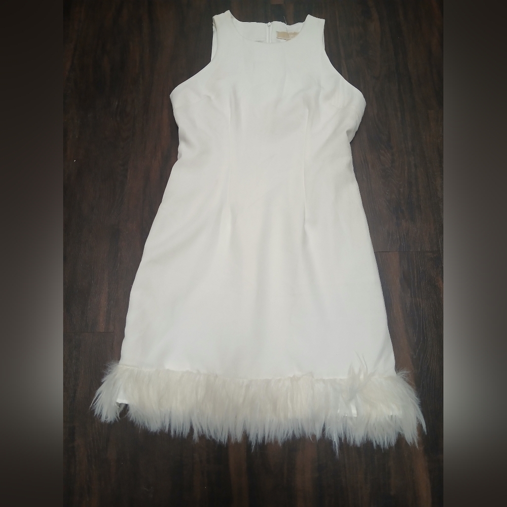 Sleeveless White Feather-Hem Dress